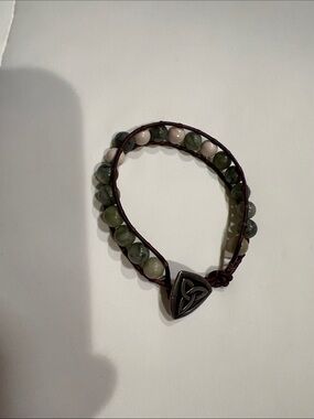 Handcrafted Green and Cream Beaded Wrap Bracelet with Celtic Knot Button